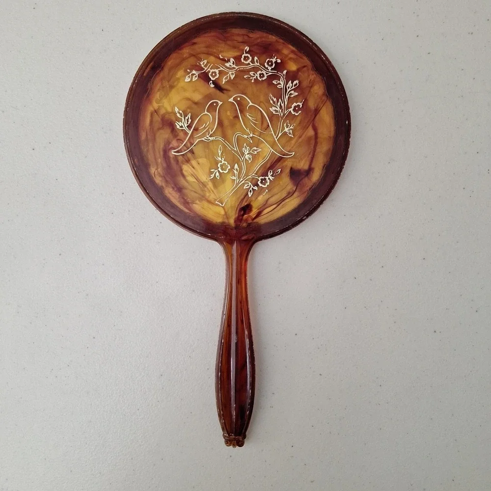 Vintage Bird and Floral Hand Mirrors, Bakelite Wood & Metal, Tallest 11.25